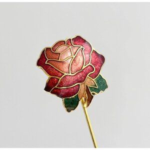 Cloissone Floral Rosebud Vintage Gold Toned Oval Vintage Stick Pin | Hat Pin
